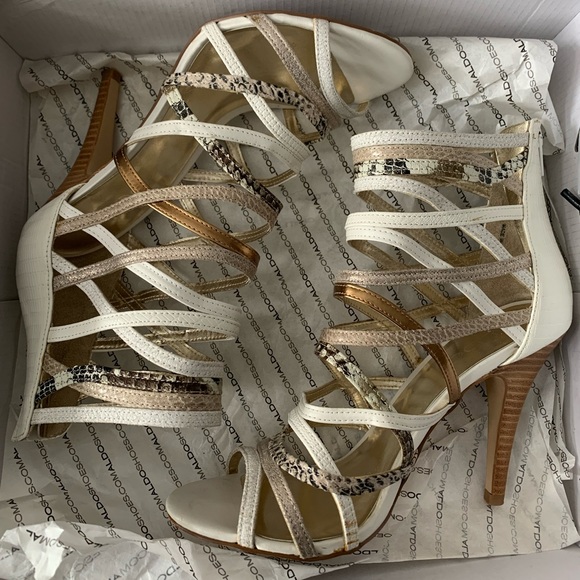 Aldo High Heel Strappy Shoes: White and Gold - Picture 2 of 4